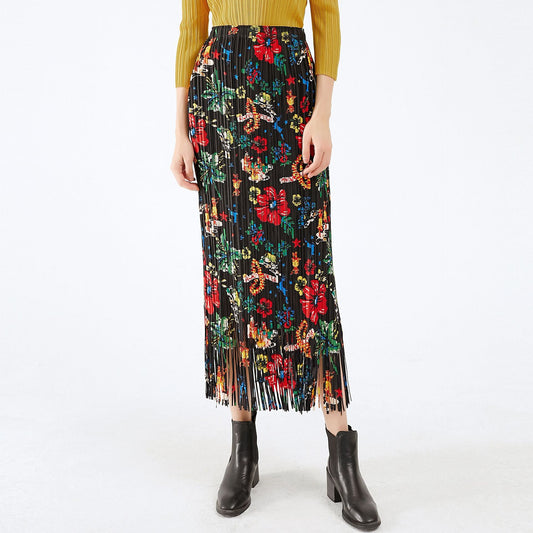 Plissé Pleated Casual Loose High Waist Floral Fringe Skirt