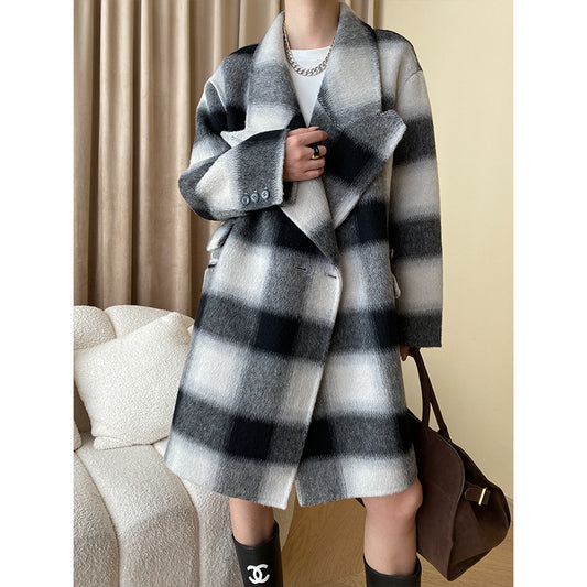 Lapel Collar Plaid Wool Double-faced Wool V-neck Coat Jacket Top