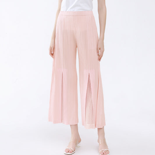 Plissé Pleated Casual Loose Straight Slit Solid Color Stitching Trousers