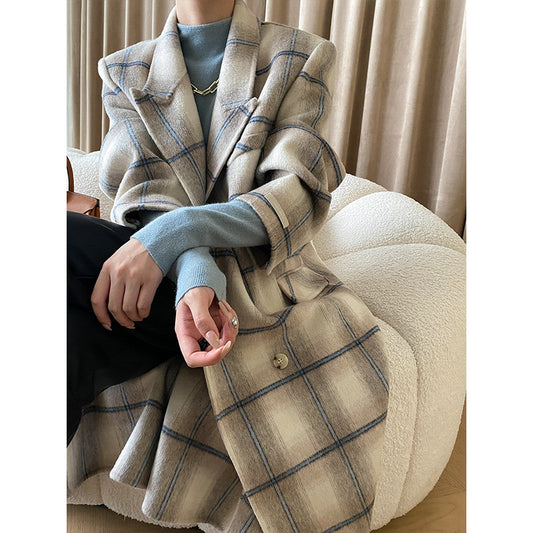 Plaid Suit Wool Double-faced V-neck Coat Jacket Top