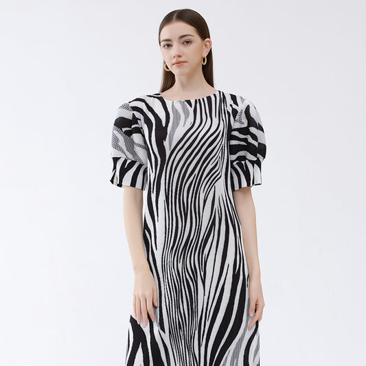 Plissé Pleated Casual Loose Zebra Print Balloon Sleeve Dress