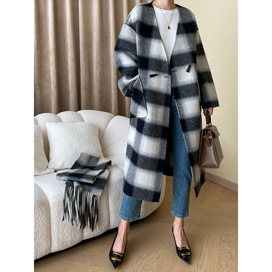 Oversized Plaid Horn Button Wool Double-faced V-neck Coat Jacket Top