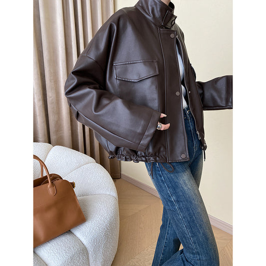 Double Pocket Stand Collar Drawstring Casual Coat Jacket Top