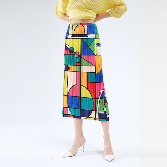 Geometric Print Plissé Pleated Skirt