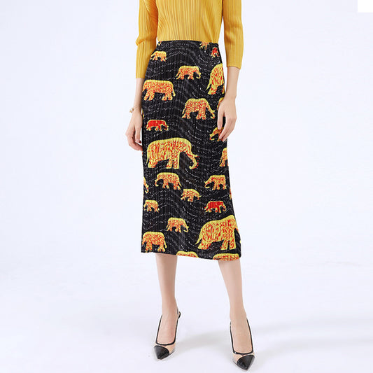 Elephant Print Plissé Pleated Skirt