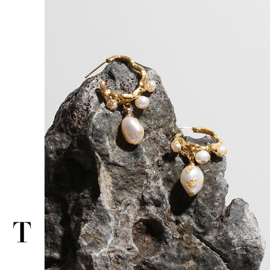 Gold Plated Baroque Pearl Minimalist Earring Hoops