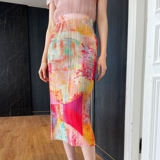 Split Print Plissé Pleated Skirt