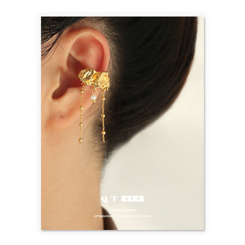 Gold Plated Round Bead Tassel Minimalist Earring Cuff