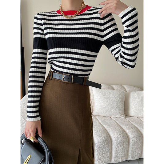 Contrast Color Striped Slim Knitted Sweater Bottoming Top