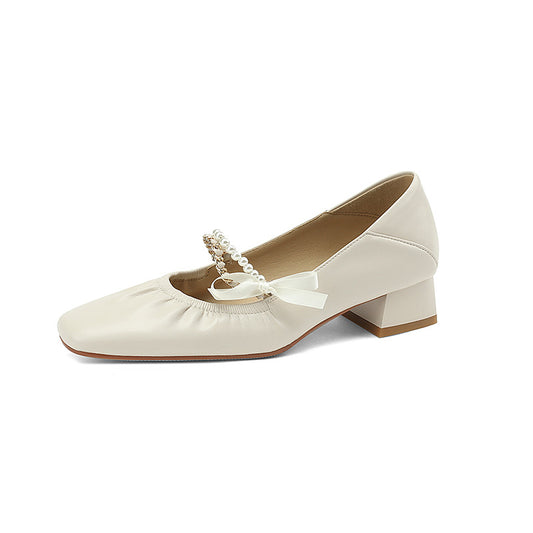 Pearl Chain Bow Leather Ballerina Flats