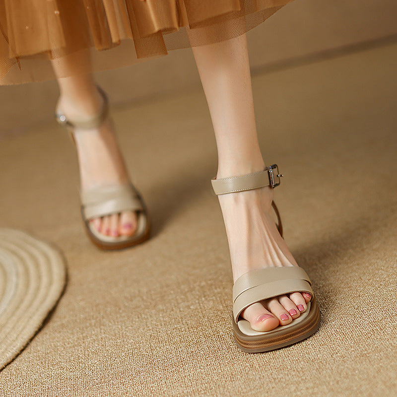 Slotted Buckle Heel Leather Sandals