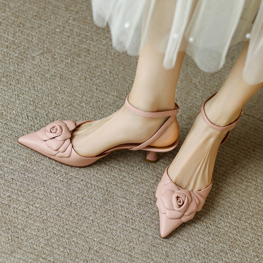 Rose Flower Heel Leather Sandals