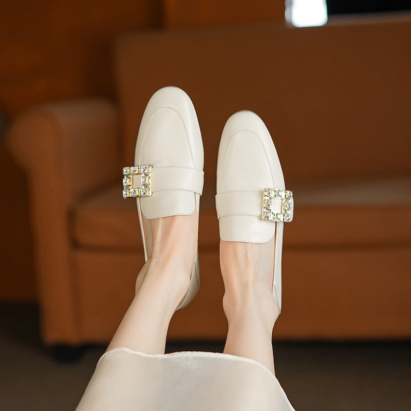 Round Head Rhinestone Square Buckle Leather Loafers