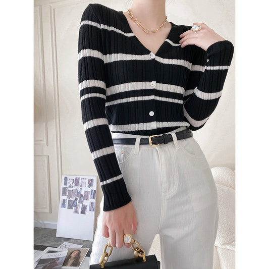 Striped V-neck Long Sleeve Knit Sweater