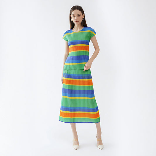 Plissé Pleated Casual Loose Stripe Contrast Print Top and Skirt Set