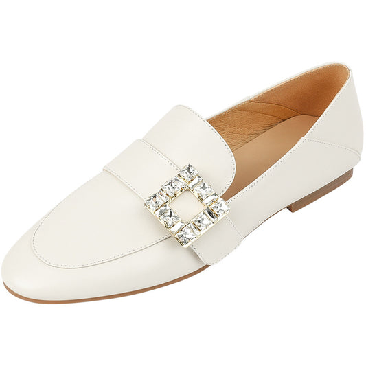 Round Head Rhinestone Square Buckle Leather Loafers
