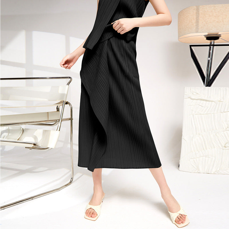 Plissé Pleated Casual Top and Skirt Set