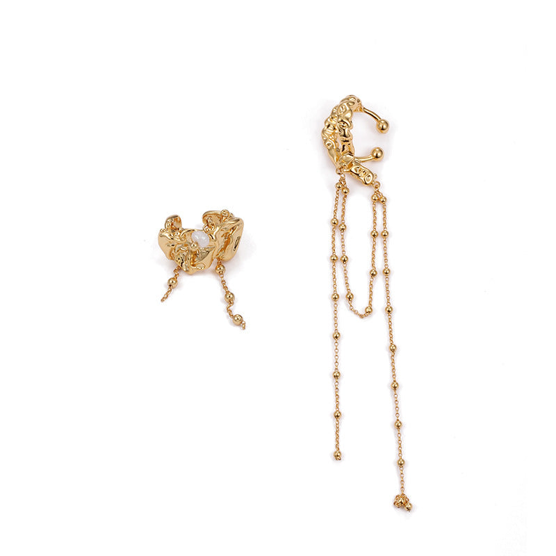 Gold Plated Round Bead Tassel Minimalist Earring Cuff
