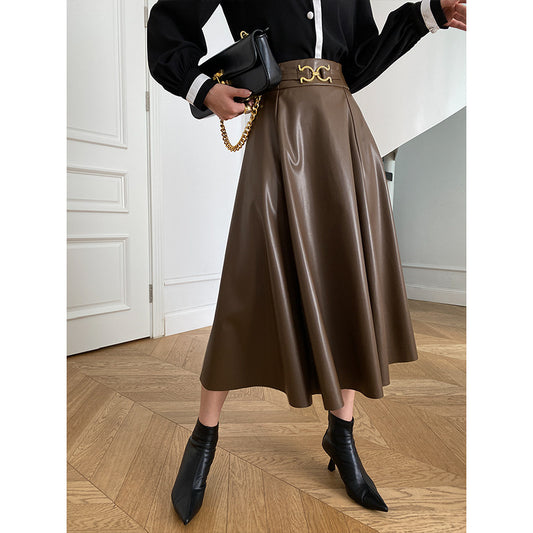 Metal Buckle High Waist A-Line Leather Skirt