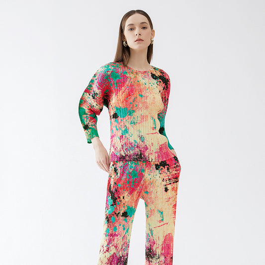 Plissé Pleated Casual Loose Hand-painted Top and Trousers Set