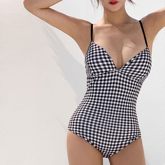 One Piece Checkerboard Print Swimsuit