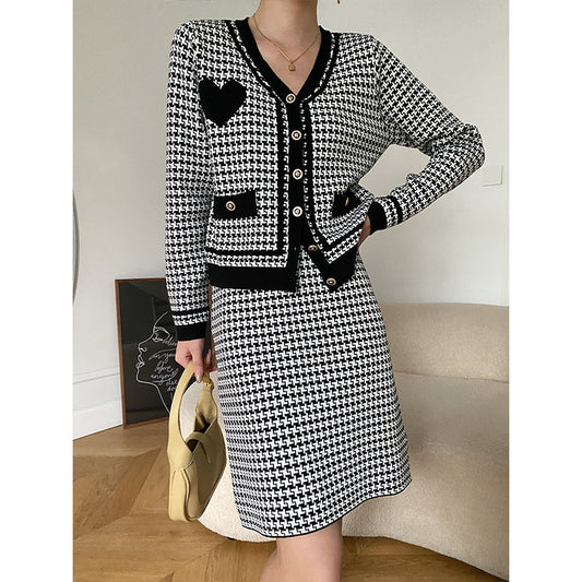 Houndstooth Knitted Cardigan Coat Jacket Top and Skirt