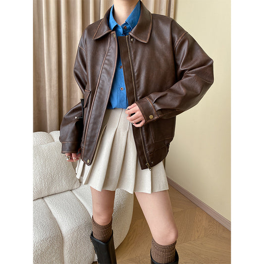 Modern Loose Silhouette Leather Coat Jacket Top