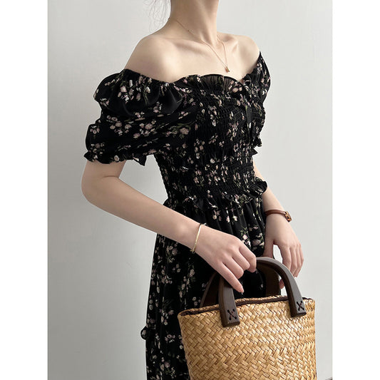 Wooden Ear Side Square Collar Floral Puff Sleeve Slit Dress