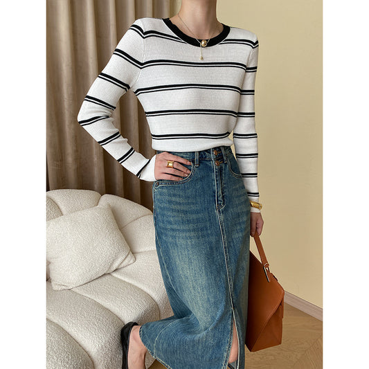 Modern Color Contrast Striped Slim Bottoming Sweater Top
