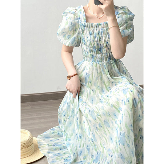 Puff Sleeve Floral Pleated Square Neck Dress