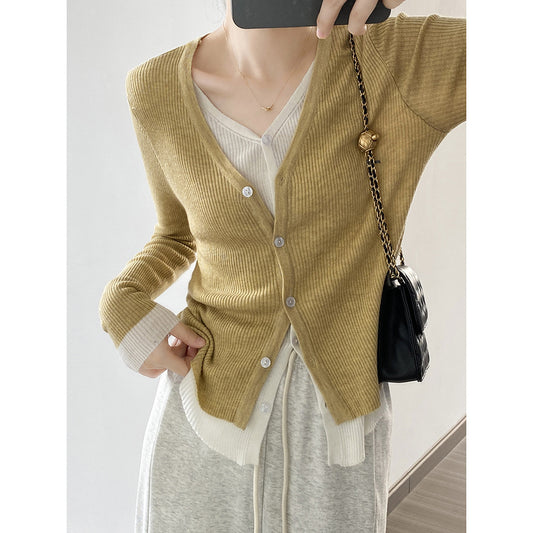 V-neck Fake Two-piece Knitted Cardigan Long-sleeved Sweater Top
