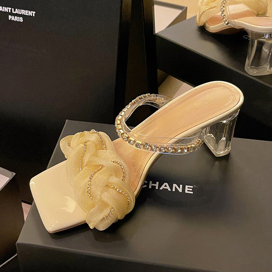 Silk Rhinestone Crystal Heel Leather Sandals
