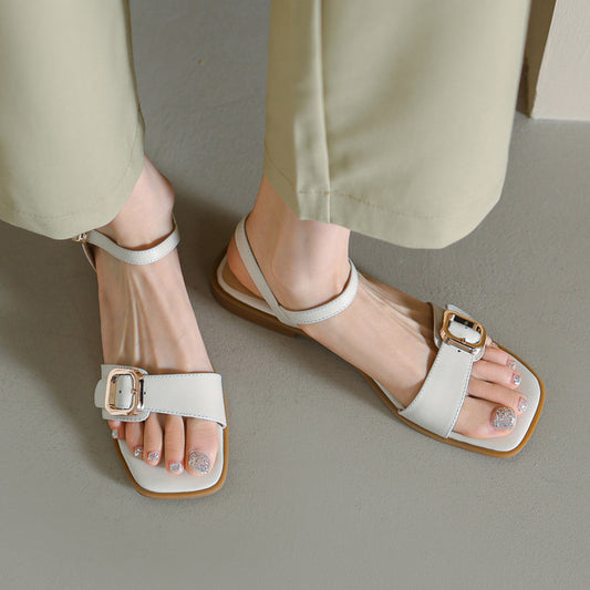 Metal Square Buckle Flat Leather Sandals